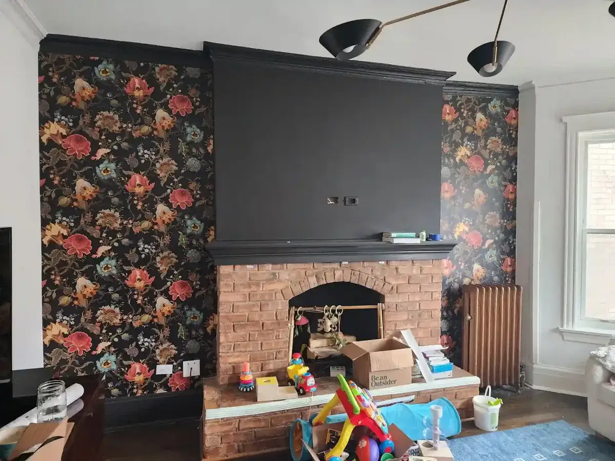 Elegant wallpaper being installed in a Providence residential bedroom
