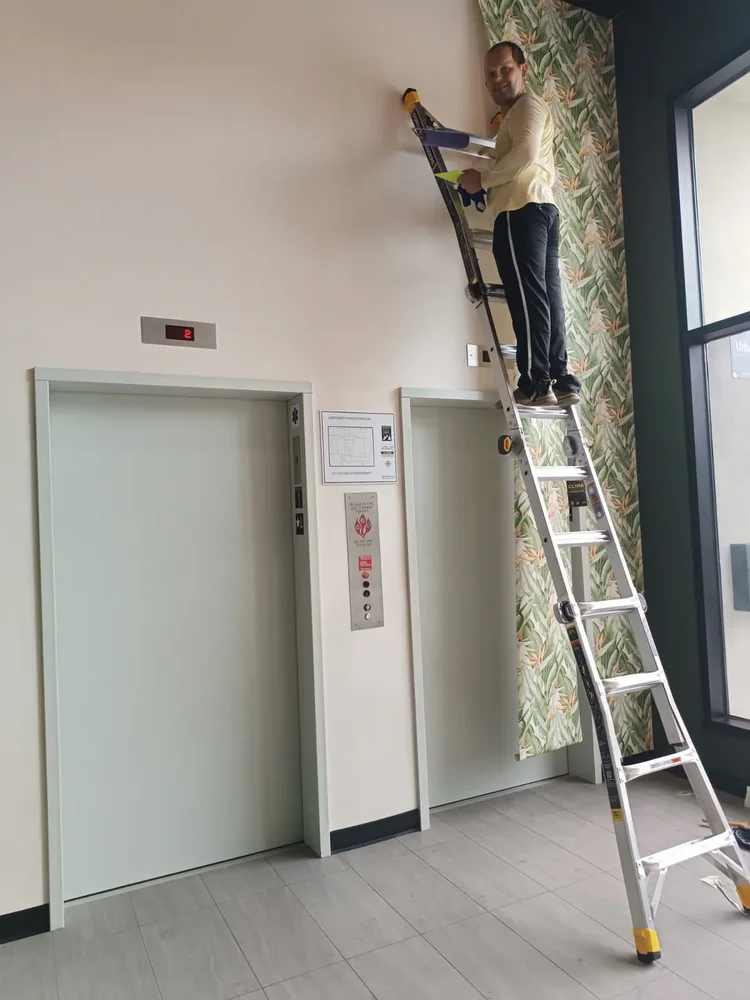 Lead wallpaper installer working on a commercial wall covering project
